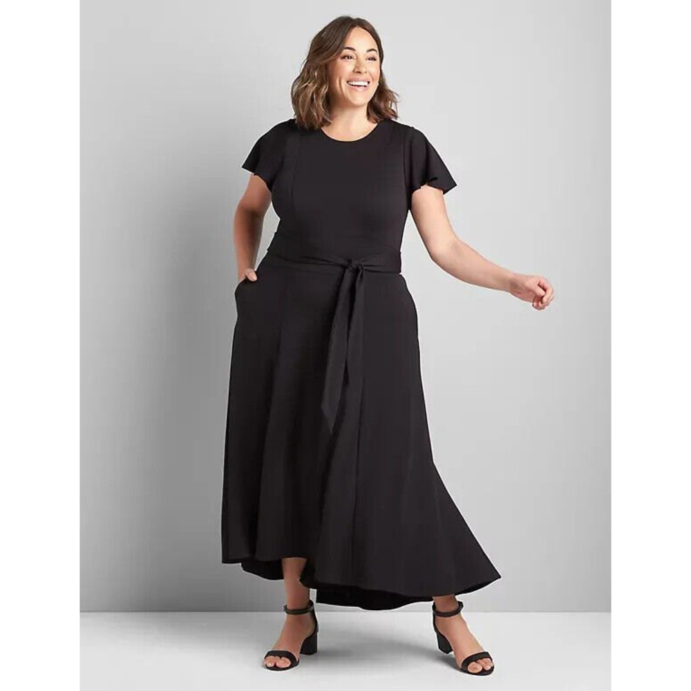 LANE BRYANT BLACK PONTE KNIT FLUTTER SLEEVE HI-LOW LENA MIDI DRESS SZ 14